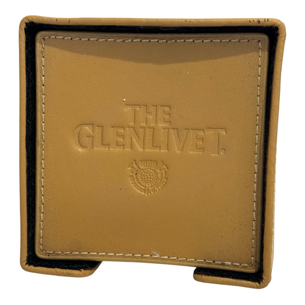 5PC  LEATHER GLENLIVET SCOTCH TAN COASTERS W HOLDER DRINK PARTY FUN MALT BARWARE